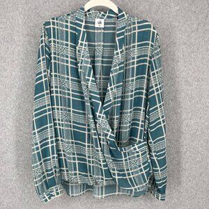 Cabi Windowpane Wrap Front Blouse Size M Teal Cream Plaid Office Work LS 3068